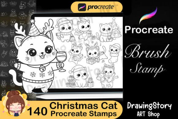 140 Procreate Cute Christmas Cat Stamp: A Festive Creative Essential for Digital Artists