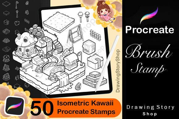 Exploring the 50 Procreate Isometric Kawaii Stamp 2 for Digital Art Creation